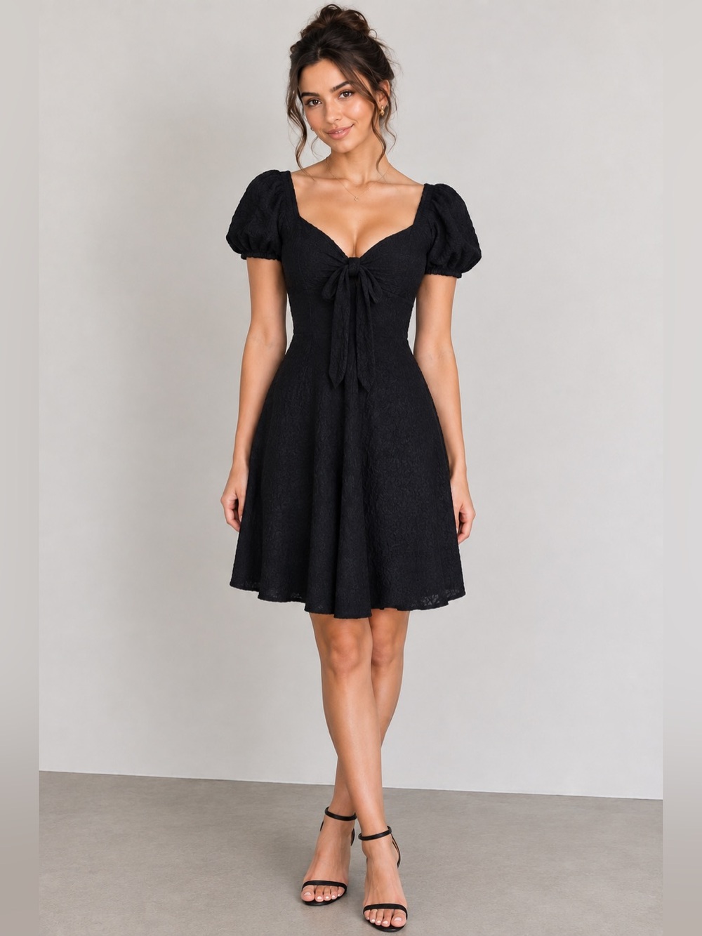 Jessica Simpson Black Mini Dress – Puff Sleeves & Tie Detail